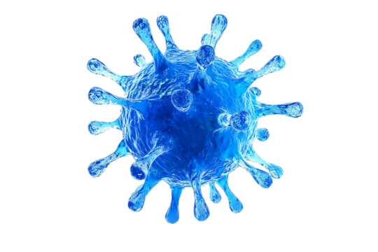 Blue virus model on a white isolated background showcasing intricate details of its structure.