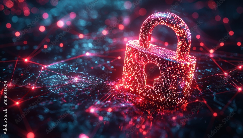 Poster A glowing padlock symbolizing data security, surrounded by a network of interconnected points.