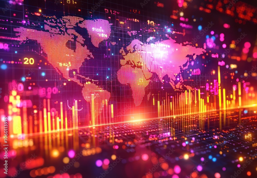 Aufkleber Digital World Map with Data and Bar Graphs