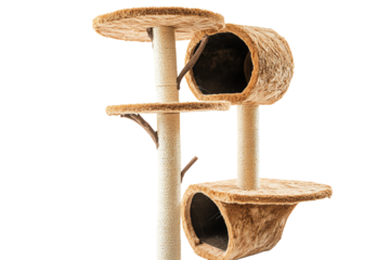 Cat tree with multiple levels and cozy hideouts, designed for feline play and relaxation, on a white isolated background.