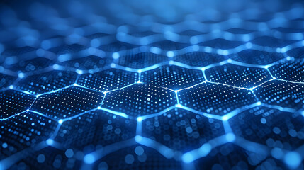 Obraz premium Abstract digital hexagonal pattern with glowing dots on a dark blue background, conveying a concept of technology