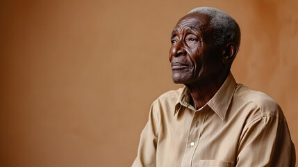 Portrait of a thoughtful mature Kenyan man dressed in a neutral button down shirt and khakis posing with a pensive expression against a plain periwinkle studio background