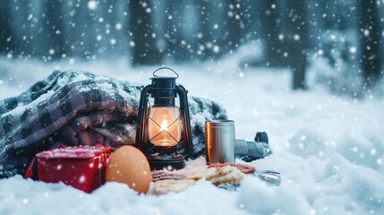 Snow storm preparation essentials, such as flashlights, blankets, and non-perishable food items for emergencies