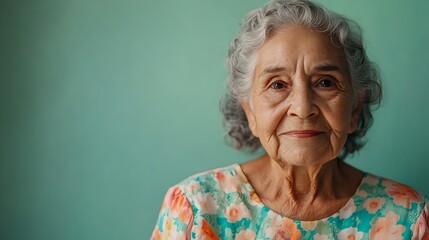 A full body portrait of a content and vibrant elderly Brazilian woman happily posing in a floral sundress against a plain sage background with ample copy space above the subject