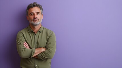 Obraz premium Full body portrait of a thoughtful middle aged man dressed in a casual olive green henley and chinos posing with a pensive expression against a plain lilac studio background with copy space above