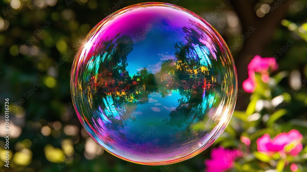 Poster a close-up of an iridescent soap bubble, reflecting rainbow hues in a dark background.