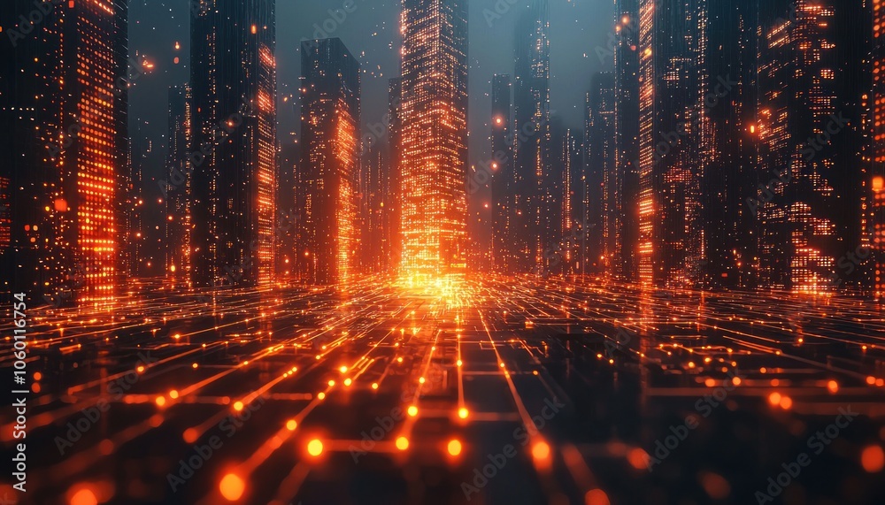 Poster futuristic cityscape with glowing towers and networked grid