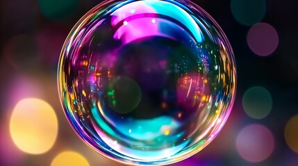 A close-up of an iridescent soap bubble, reflecting rainbow hues in a dark background.