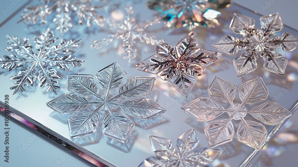 Poster a close-up of snowflakes showing the delicate, unique details of each flake.