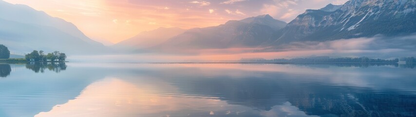 Fototapeta premium Serene lake landscape at dawn with mountains reflecting in calm waters.