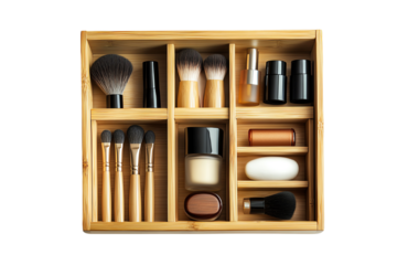 Cosmetic organizer with brushes and beauty products on a white isolated background.