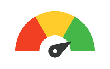Speedometer, gauge meter icon. Scale, level of performance. Speed dial indicator . Green and red, low and high barometers, dashboard with arrows. Vector illustration.