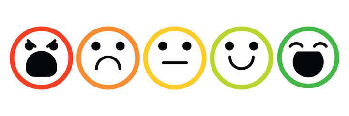 Emotional scale. Mood indicator, customer satisfaction survey and colored emotions indication, emoji barometer indicators rating. Vector illustration.