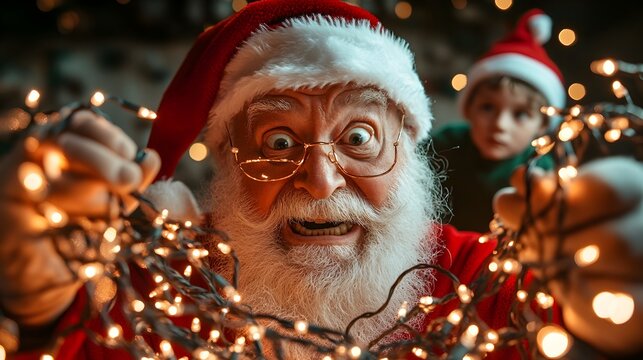 Frustrated Santa Claus holding up a tangled string of Christmas lights giving a deadpan stare of annoyance while an elf character hides in the background creating a humorous holiday themed portrait