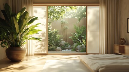 Fototapeta premium Serene interior with lush green view a blend of nature and comfort