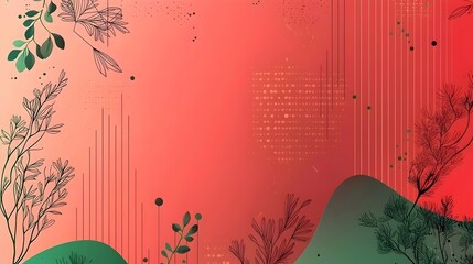 A vibrant abstract background featuring floral and leafy illustrations in greens on a gradient red canvas, creating a dynamic and artistic visual atmosphere.