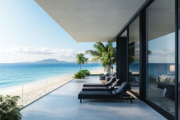 Fototapeta premium Modern studio mockup featuring panoramic sea views from a black balcony room on the terrace