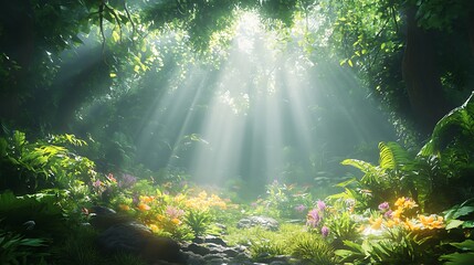 Enchanting sunlit forest a serene nature escape with vivid flora