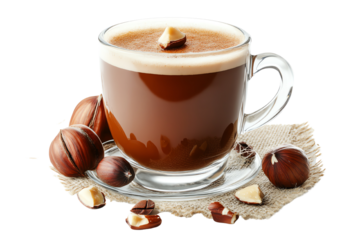 Delicious coffee cup topped with hazelnuts, accompanied by whole hazelnuts and a rustic cloth on white background.