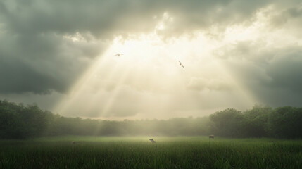 Serene Landscape Before Hurricane with Wildlife Reaction