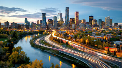 Fototapeta premium A stunning skyline at dusk reflects on a river, with vibrant city lights and busy traffic winding through the urban landscape.