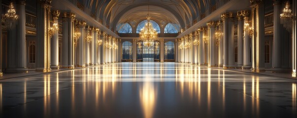 Obraz premium Elegant grand hall showcasing vast open space, exuding luxury and sophistication in a stunning still moment.