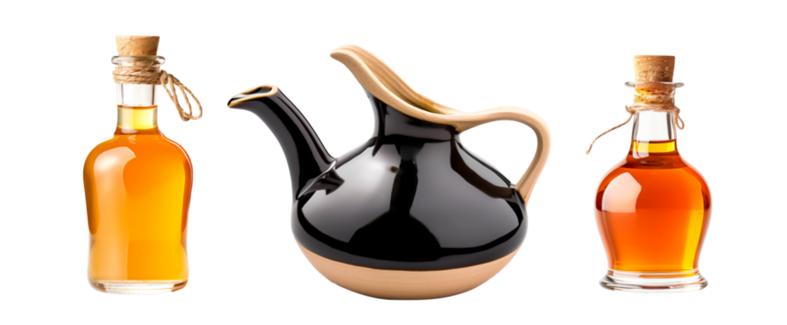 Bottle of dark soy sauce and white vinegar isolated on white transparent background.