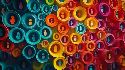 Diverse silhouettes in vibrant circular backgrounds representing community and identity