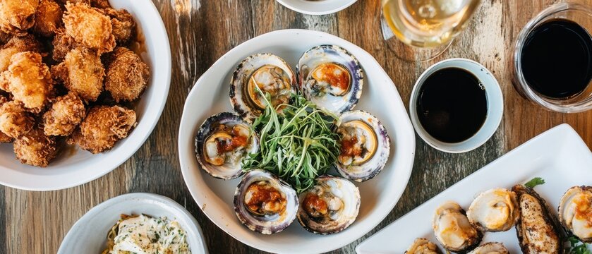 Gourmet seafood platter with fried delicacies and fresh oysters for a luxurious dining experience National Deep Fried Clams Day