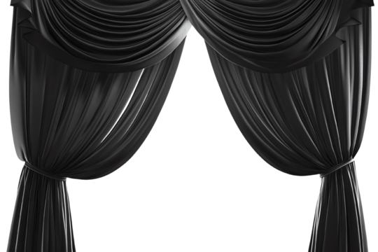 Elegant black curtains draped on a white isolated background, perfect for theatrical or decorative purposes.