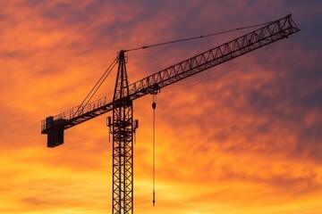 Silhouette of a crane against a sunset sky, representing urban development and engineering progress