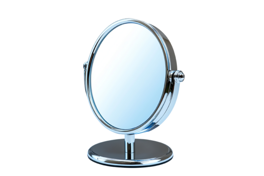 Elegant round mirror on a chrome stand, featuring a sleek design and reflective surface, perfect for personal grooming.
