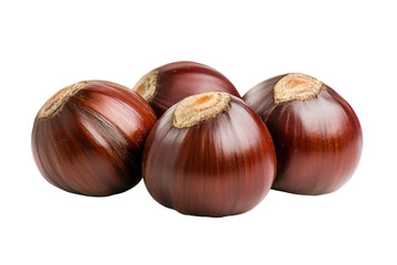 Four delicious chestnuts on a white isolated background, perfect for culinary design and autumn-themed projects.