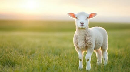 Obraz premium A small white sheep stands in a field of grass