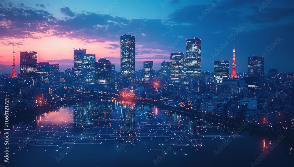 Fototapete Futuristic Cityscape with Digital Network Reflections in a Body of Water