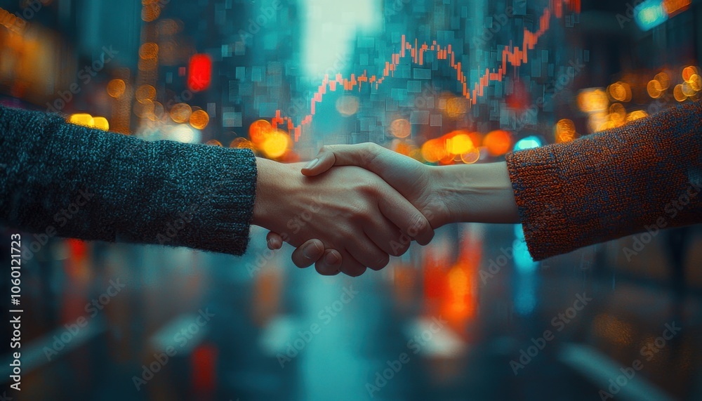 Aufkleber Handshake in front of a blurred cityscape with a stock chart overlay