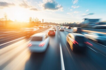Fototapeta premium Highway driving scene showing a steady flow of vehicles and clear lane markings under a bright blue sky