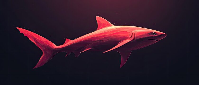 A single red shark swims through the dark water, its fins and tail are outstretched.