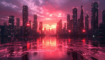 Obraz premium Neon-lit cityscape reflected in water with a pink sunset sky