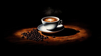 Obraz premium Steaming Cup of Coffee on Rustic Wooden Table