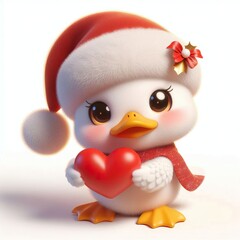 3d Cute fluffy christmas duck doing mini heart pose, full body, white background