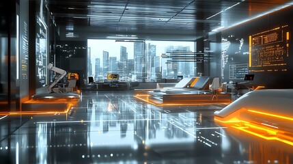 Clean modern office environment showing a robot coding scene with circuits and high-tech digital elements