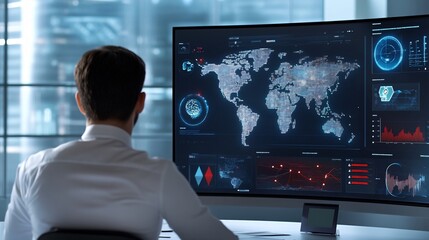 A professional analyzes data on a large screen featuring a world map and various digital statistics in a modern office setting.