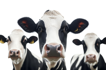 Three curious dairy cows capturing attention with their distinct black and white coats.