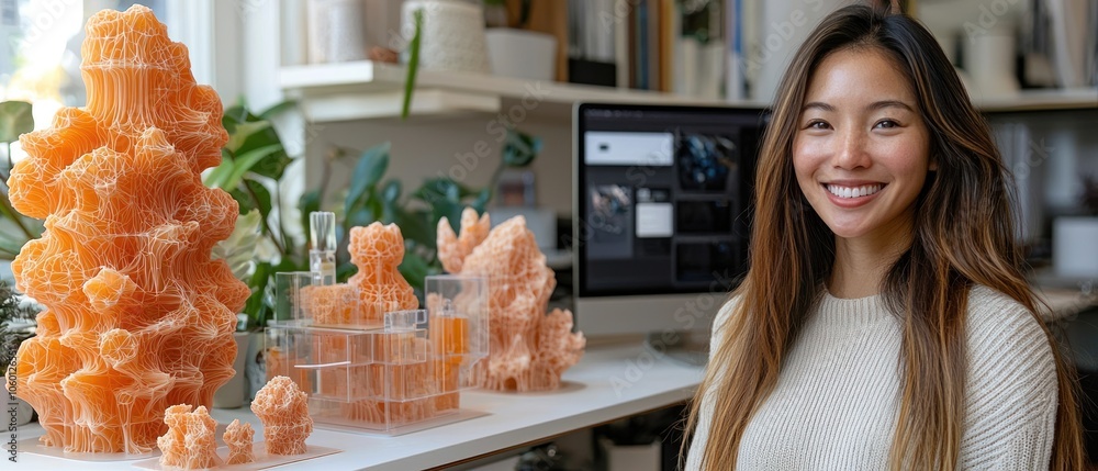 Poster a woman smiling with 3d printed architectural models on a white table