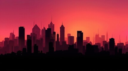 Fototapeta premium Silhouette City Skyline Against Pink Sunset