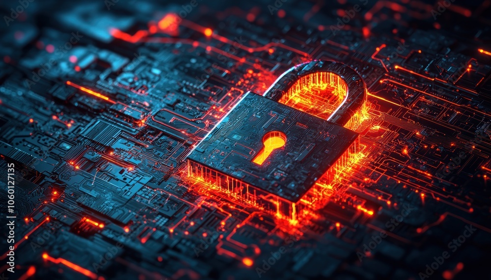 Poster a glowing padlock on a circuit board representing cybersecurity