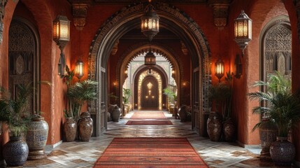 Obraz premium Elegant corridor with arches, lanterns, and decorative pots.