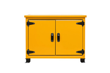 Vibrant yellow cabinet with double doors, perfect for storage and organization. Ideal for home decor and functional design.
