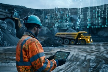 open pit man using tablet controlling dumper trucks online wireless system connection coal mine production opencast stone quarry background rear, futuristic style, binary code around